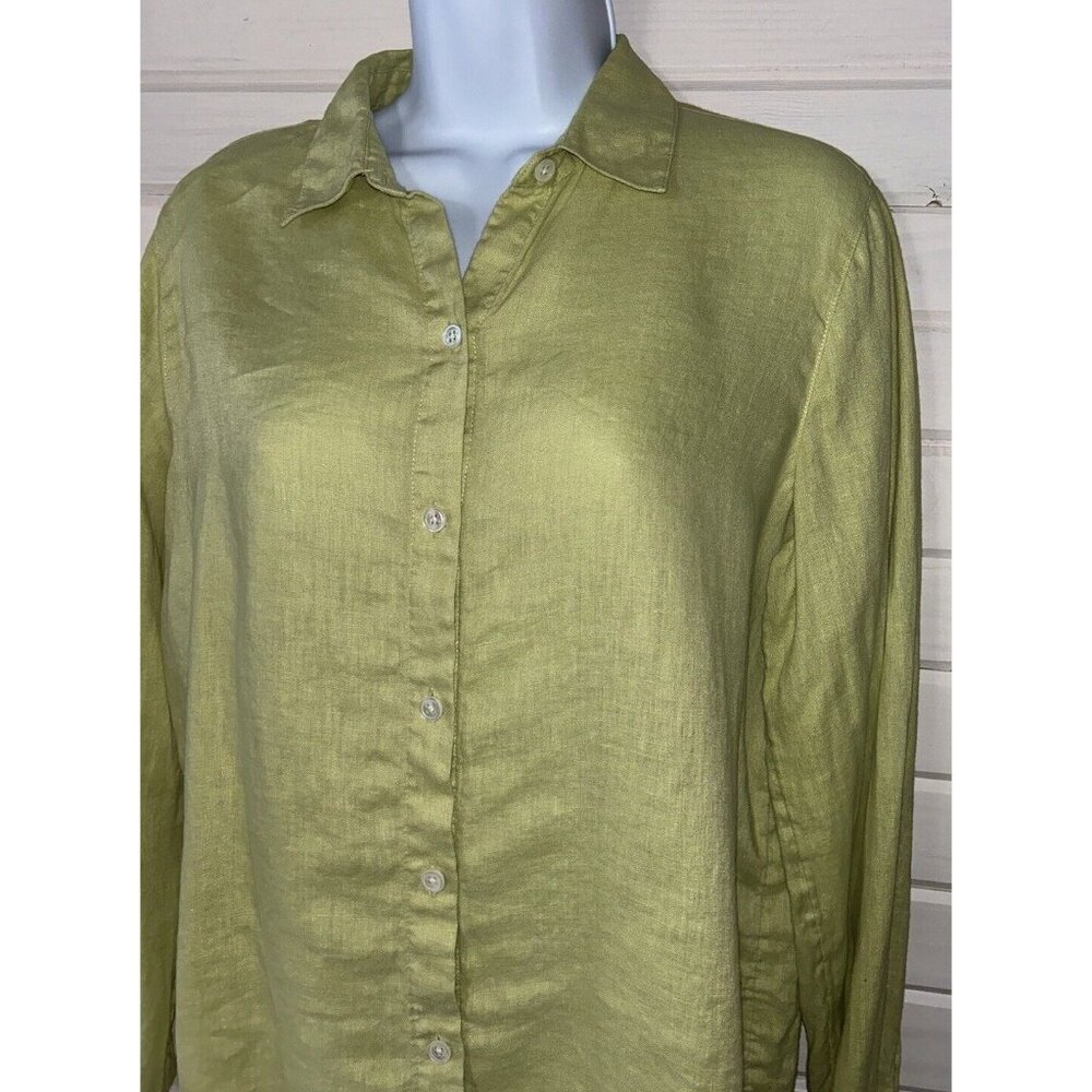J. JILL Love Linen Sz XS 100% Linen Button Front Shirt Green L/S Washable EUC